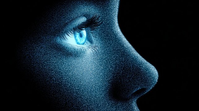 This close-up side profile shot shows a human eye glowing with bright cyan light, set against a deep dark grainy blue background, forming a surreal sci-fi visual effect.

