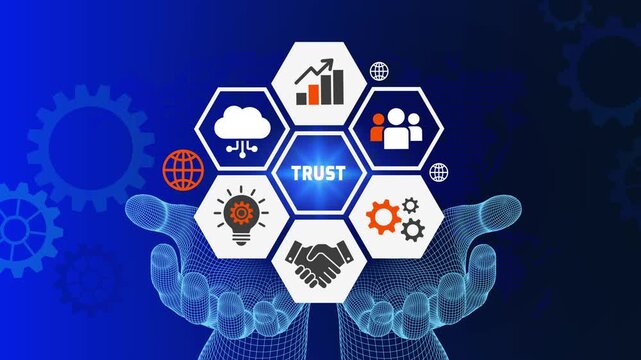 Business trust and core values concept video with digital interface icons. hands holding business growth and trust symbols