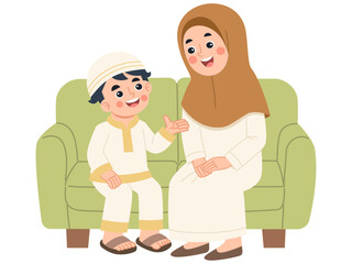 Fototapeta premium Illustration of Mother And Son Sitting On Couch
