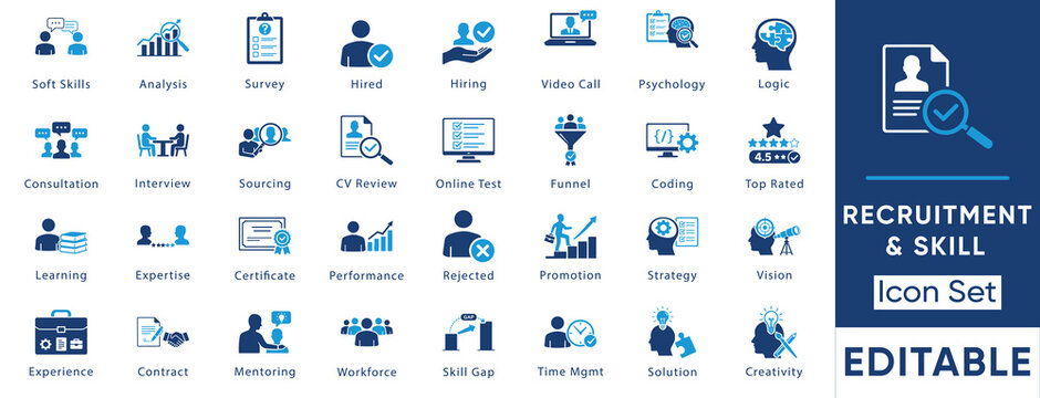Recruitment and skill icon set. Containing cv review, soft skills, video call, skill gap, mentoring and sourcing. Solid vector collection.