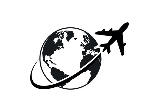 Global Travel and Aviation Logo Design featuring a stylized airplane orbiting the Earth globe, symbolizing international flight routes, worldwide tourism, and global logistics services.