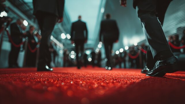 Low-angle view of people walking on a red carpet at a formal event with blurred background and bright lights.