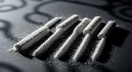 Macro shot of white crystalline powder organized in straight parallel lines and small piles on a dark reflective surface with dramatic shadows