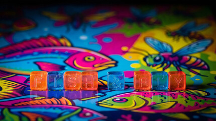 Fototapeta premium PLUR Neon Glow: Psychedelic Rave Culture & EDM Festival Energy with Vibrant Pop Art Fish & Insect Background