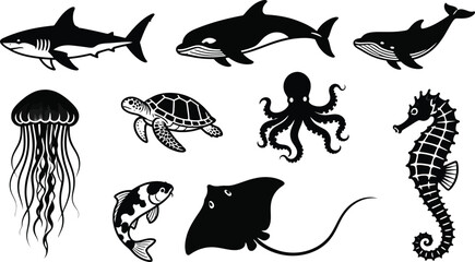Fototapeta premium Monochrome Marine Life Silhouette And Undersea Biological Illustration Set