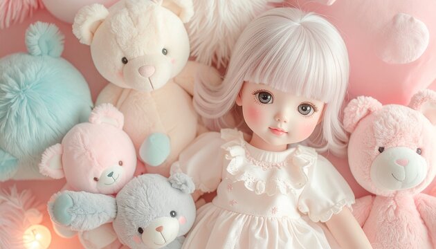 BJD doll surrounded by soft toys.