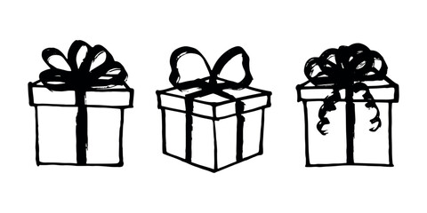 Set of hand drawn present box with ribbons Birthday present clipart Christmas gift Holiday doodle For design, print, web, decor, greeting card, sale
