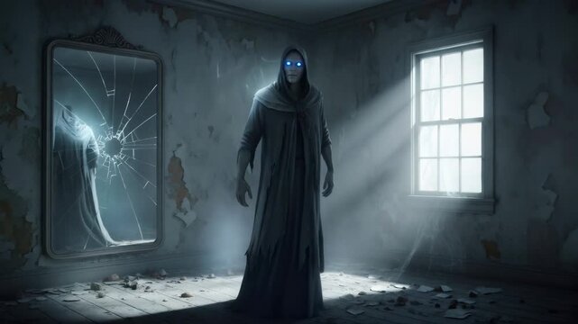 Mysterious hooded man with glowing eyes standing in a dilapidated room with a shattered mirror reflecting a spectral figure. Supernatural horror concept.