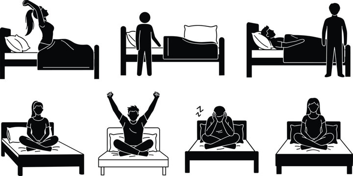 Vector, stick, figure, icons, showing, morning, wake, up, routine, insomnia, sleep, disorders, stretching, sitting, on, bed, exhaustion, and, healthy, lifestyle, silhouettes