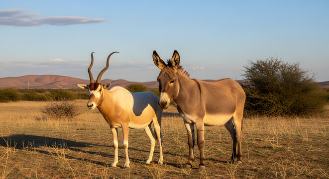 A wild donkey and an addax antelope standing together in a dry savanna landscape during sunset