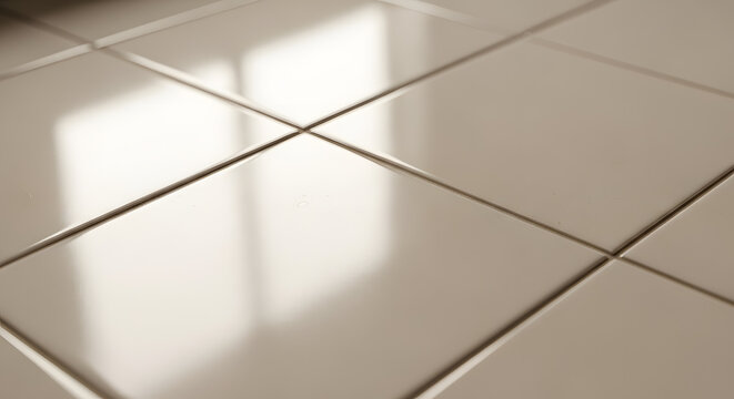 Close up shot of clean shiny beige floor tiles with grout lines reflecting soft light