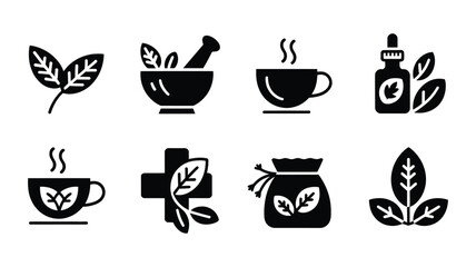 Herbal Medicine and Natural Remedies Silhouette Icons &ndash; Vector Set Isolated on White Background.