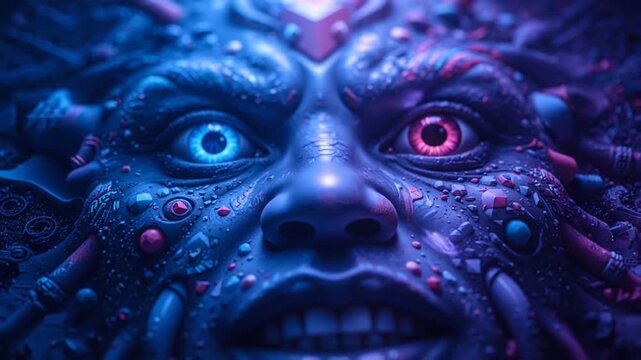 A close-up of a grotesque face with glowing eyes and a twisted expression.