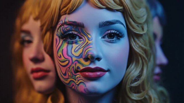 Vibrant Makeup on a Woman's Face with Colorful Swirls.