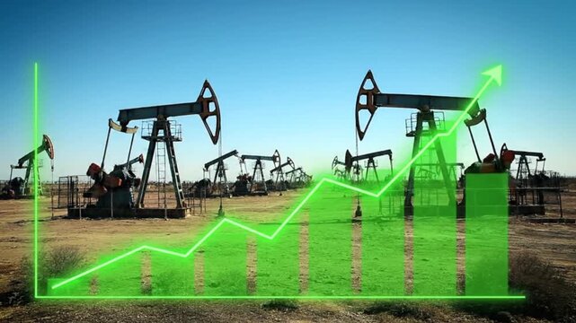 Oil pumps in a field with a rising graph overlay indicating increasing oil production or prices.