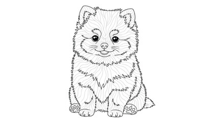 Obraz premium Adorable fluffy puppy sitting and looking forward, rendered in fine black and white line art suitable for pet-themed coloring book pages.