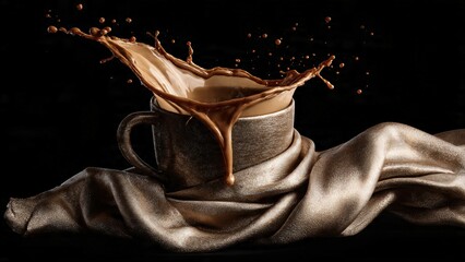 Artistic Photo Of Spilled Coffee Liquid Transforming Into Luxurious Silk Fabric Cloth On Table