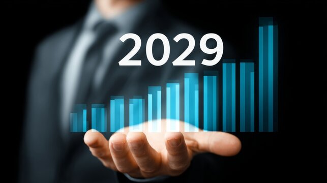 Businessman holding 2029 growth chart.