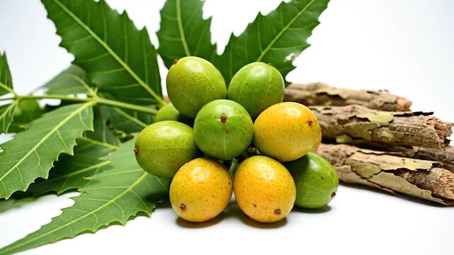 A pile of fresh neem fruits with leaves and bark on a white background.