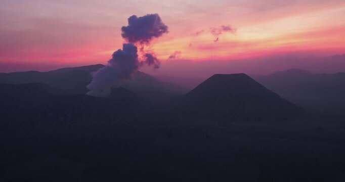 Fiery Orange Sky Above Mount Bromo &ndash; Volcanic Sunset Aerial