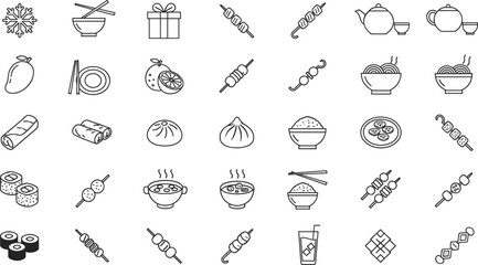 Asian cuisine line icons set featuring sushi dumplings noodles skewers tea gift chopsticks bowl © pappa