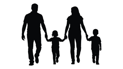 Silhouette of a family of four walking together on a sunny day isolated on white background, Vector