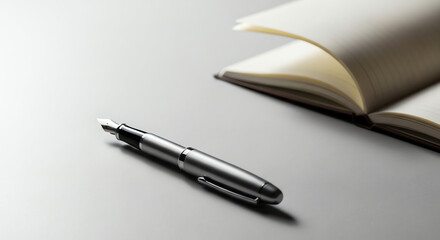 Naklejka premium Open notebook with blank pages and a pen on a clean desk surface.