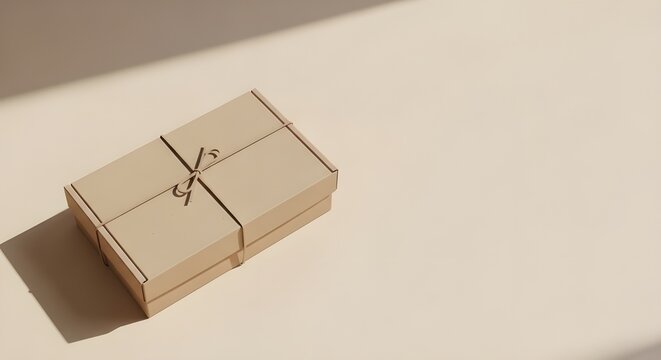 Minimalist Kraft Cardboard Gift Box with Twine on Beige Background