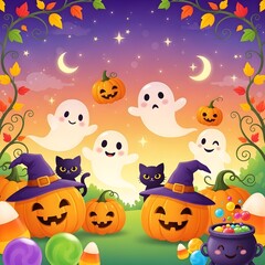 Fototapeta premium Square Friendly and colorful Halloween-themed background for children’s vitamin and supplement campaigns.