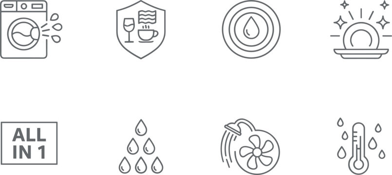 Water purification and laundry service line icons set featuring washing machine droplets filter temperature eco