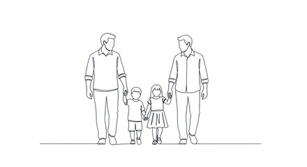 Obraz premium A simple black and white line drawing of two adults and a child holding hands, walking together.