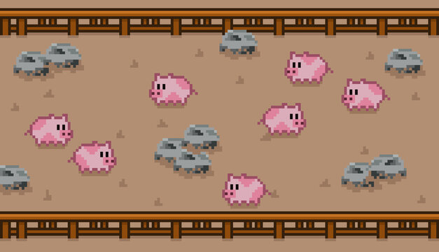 Pixel art pig farm illustration. Cute pink pigs on a brown mud field with rocks and wooden fences. Ideal for farming simulators, retro game environments, and countryside-themed digital assets.