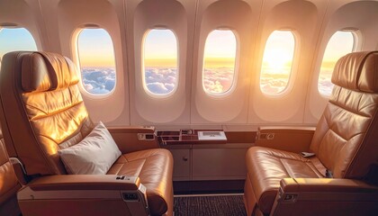 Empty business class airplane interior featuring rows of red leather seats and a clean transport cabin with nobody inside