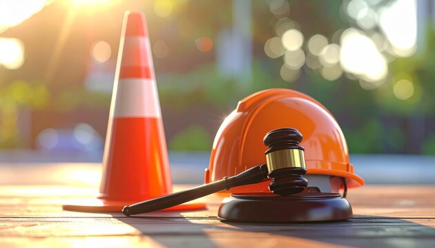 An orange plastic traffic cone stands as a 3d caution symbol on the street road to provide safety and warning near a construction work zone barrier