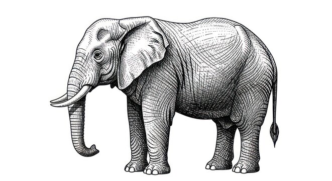 A detailed black and white illustration of an elephant with a textured, hand-drawn style.