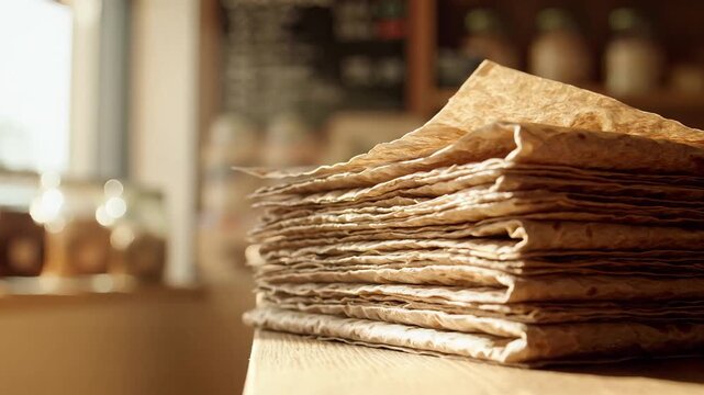 Close-up of a stack of fresh, homemade lavash bread on a wooden table in a rustic kitchen setting.