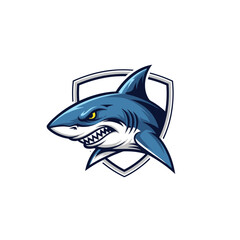 Obraz premium Aggressive blue shark head mascot with shield in dynamic style