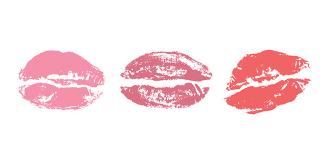 Set of lipstick kiss print Different shapes and colors imprint of lips Red pink female sexy lips makeup Design elements for beauty fashion poster Valentines Day wedding