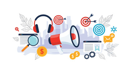 Fototapeta premium Modern digital marketing concept featuring icons for social media megaphone targets magnifying glass and mail to represent advertising strategy.
