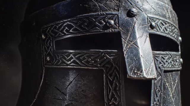 Ancient Celtic metal helmet with intricate designs and patterns.