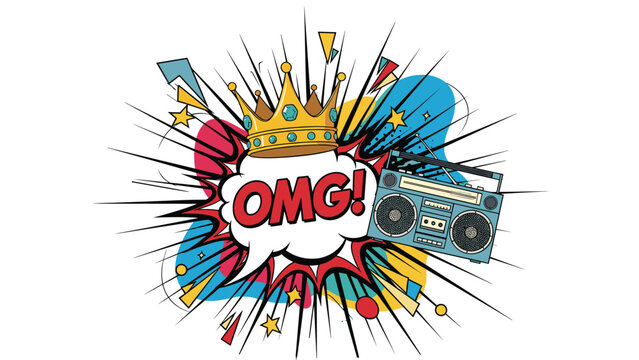 Retro comic book style explosion with a golden crown and vintage boombox features the text omg in a speech bubble.