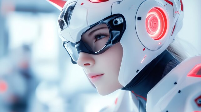 Gorgeous gamer girl in white futuristic helmet and suit with glowing lights