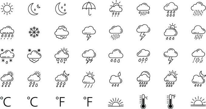 Professional weather forecast icon set featuring sun moon clouds rain snow thunder thermometers and temperature symbols for meteorological news and mobile apps.