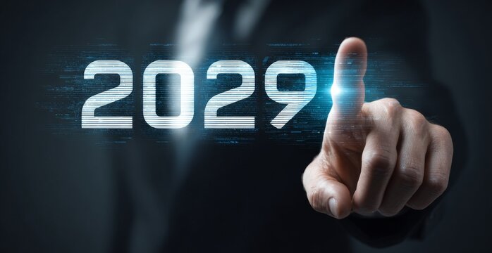 Businessman Touching 2029 Digital Display.