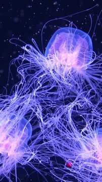 Closeup shot of Spirocodon Saltator, the endemic jellyfish of Japan floating underwater. 4K  Vertical footage.