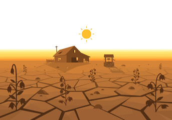 Depiction of a desolate, sun-scorched farm landscape with a dry well and withered plants under a blazing sun © Donjuan Studio