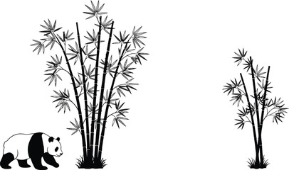 Black vector silhouette of a panda bear walking next to decorative bamboo trees for Asian nature wildlife conservation forest landscape and oriental branding design © MdGolam