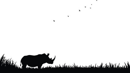 Black vector silhouette of a rhinoceros standing in a grass field with birds flying above for safari adventure nature conservation and wildlife landscape branding © MdGolam