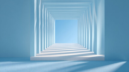 Obraz premium Minimal light blue corridor with repeating columns and strong perspective shadows, modern product display background.