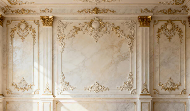 Ornate marble wall with gold leaf detailing and classical architectural elements